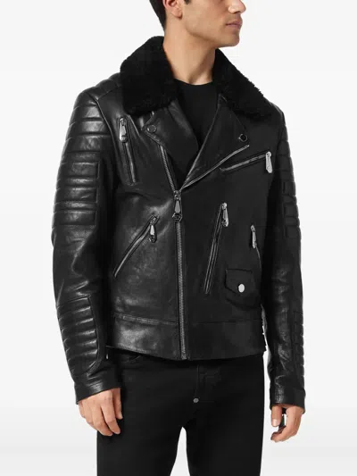 Philipp Plein Leather Biker Jacket With Shearling Collar In Black