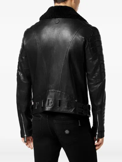 Philipp Plein Leather Biker Jacket With Shearling Collar In Black
