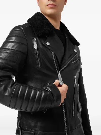 Philipp Plein Leather Biker Jacket With Shearling Collar In Black