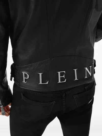 Philipp Plein Leather Biker Jacket With Shearling Collar In Black