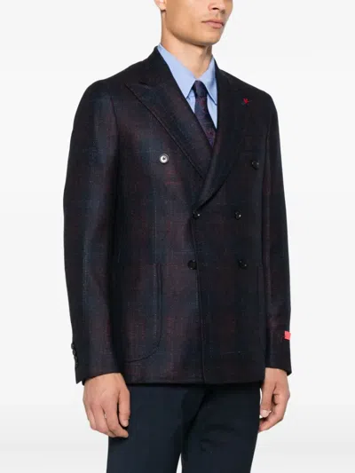 Isaia Double-breasted Checked-pattern Blazer In Blue