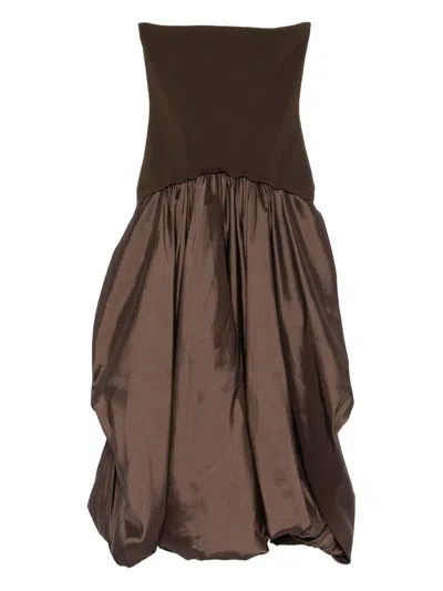 Simkhai Izzy Strapless Taffeta Midi Dress In Brown