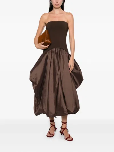 Simkhai Izzy Strapless Taffeta Midi Dress In Brown