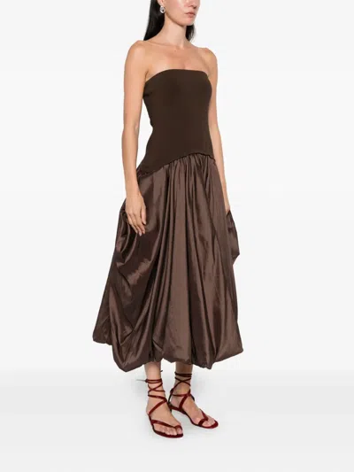 Simkhai Izzy Strapless Taffeta Midi Dress In Brown