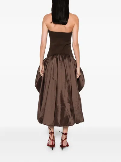 Simkhai Izzy Strapless Taffeta Midi Dress In Brown
