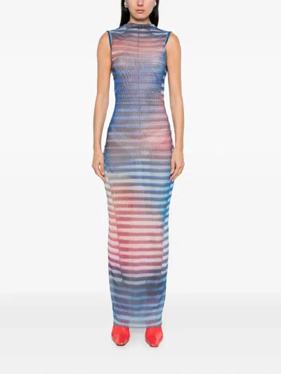 Jean Paul Gaultier Mesh Printed "air" Long Dress In Blue