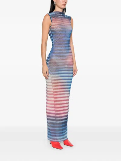 Jean Paul Gaultier Mesh Printed "air" Long Dress In Blue