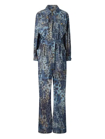Roberto Cavalli Jumpsuit With Leopard Print In Blue