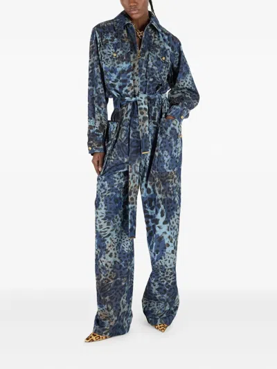 Roberto Cavalli Jumpsuit With Leopard Print In Blue