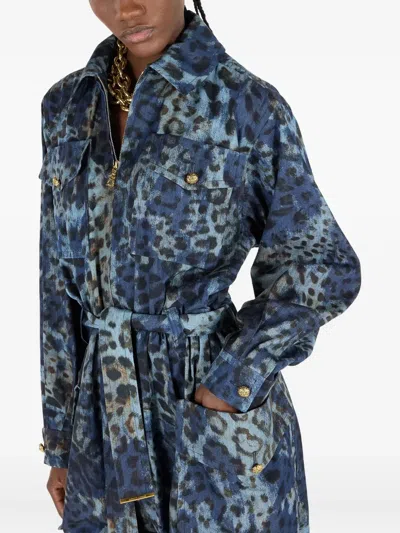 Roberto Cavalli Jumpsuit With Leopard Print In Blue