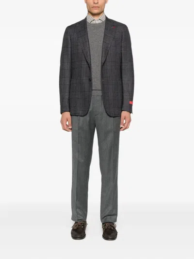 Isaia Checked-pattern Wool-silk Blend Blazer In Gray