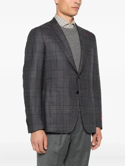 Isaia Checked-pattern Wool-silk Blend Blazer In Gray