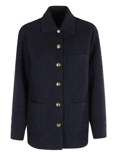 Pinko Shiny Metallic Textured Jacket With Gold Buttons In Blue