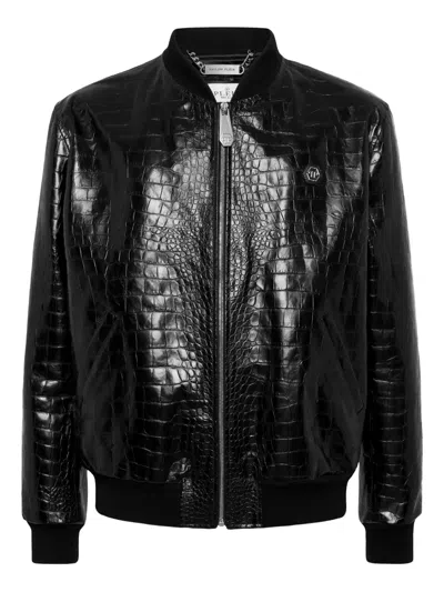 Philipp Plein Crocodile-effect Leather Bomber Jacket In Black