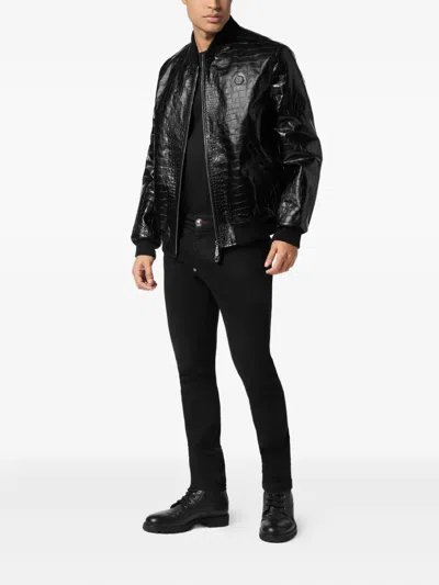 Philipp Plein Crocodile-effect Leather Bomber Jacket In Black