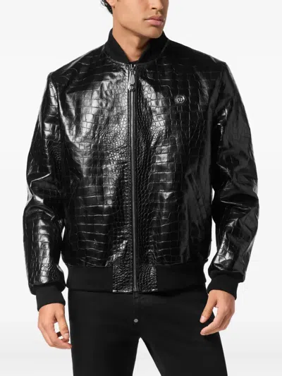 Philipp Plein Crocodile-effect Leather Bomber Jacket In Black