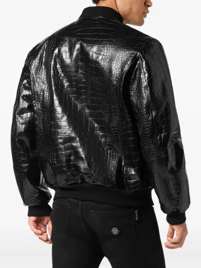 Philipp Plein Crocodile-effect Leather Bomber Jacket In Black
