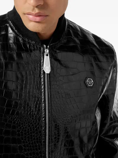 Philipp Plein Crocodile-effect Leather Bomber Jacket In Black