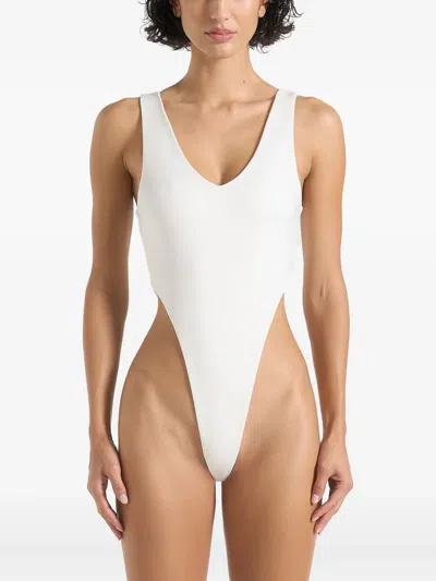 Manière De Voir Noah Plunge-neck High-leg Bodysuit In White