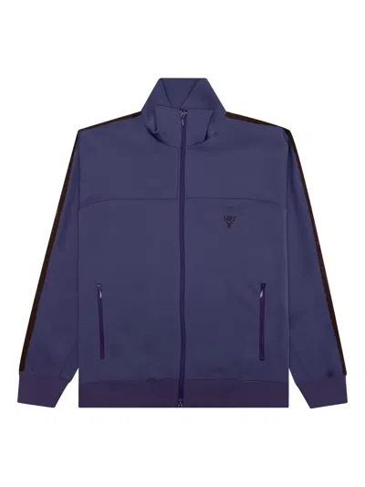 South2 West8 High Collar Activewear Jacket With Subtle Embroidery In Blue