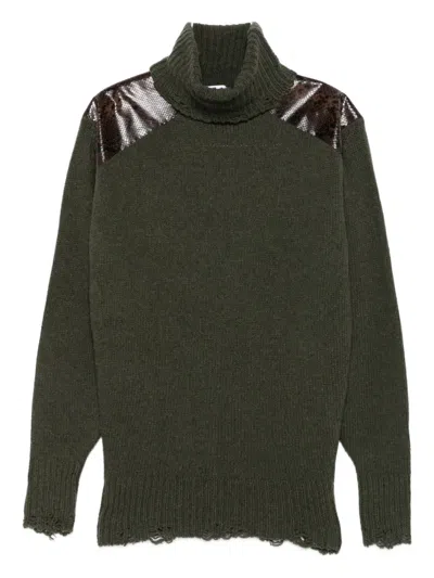 Stella Mccartney Snakeskin-embossed Leather Patch Turtleneck Sweater In Green