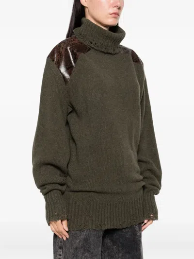 Stella Mccartney Snakeskin-embossed Leather Patch Turtleneck Sweater In Green