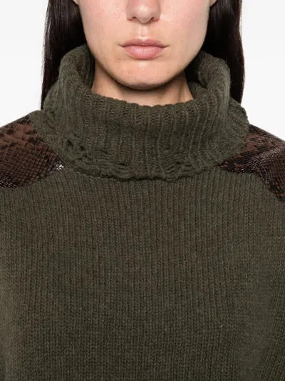 Stella Mccartney Snakeskin-embossed Leather Patch Turtleneck Sweater In Green