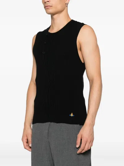 Vivienne Westwood Ribbed Sleeveless Crewneck Button Detailing In Black