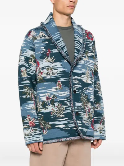 Alanui Fringed Patterned Cardigan In Blue