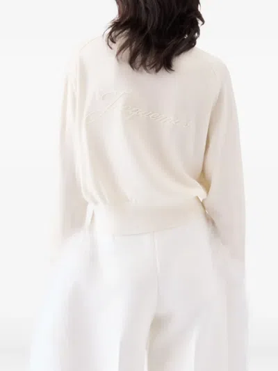 Jacquemus White Crew Neck Sweater With Back Logo In Merino Wool Woman In White