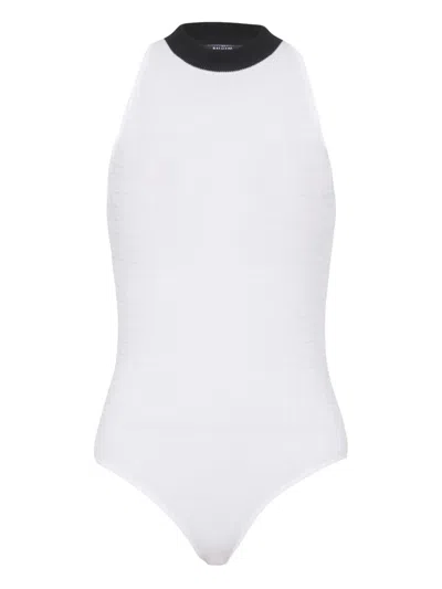 Balmain Two-tone Monogrammed Knit Bodysuit In White