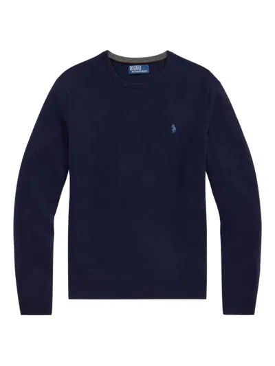 Polo Ralph Lauren Merino Wool Crew Neck Sweater With Embroidered Logo And Ribbed Detailing In Blue