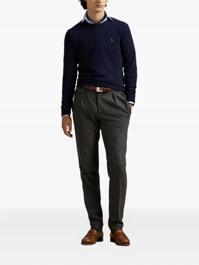 Polo Ralph Lauren Merino Wool Crew Neck Sweater With Embroidered Logo And Ribbed Detailing In Blue
