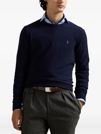 Polo Ralph Lauren Merino Wool Crew Neck Sweater With Embroidered Logo And Ribbed Detailing In Blue