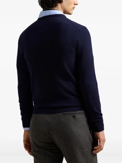 Polo Ralph Lauren Merino Wool Crew Neck Sweater With Embroidered Logo And Ribbed Detailing In Blue