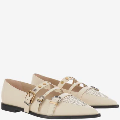 Pinko Studded Leather Ballet Flats In White