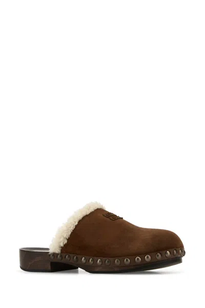 Miu Miu Suede Shearling-lined Clogs In Brown
