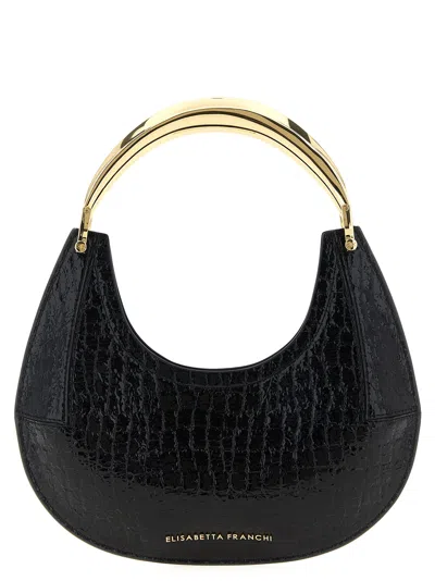 Elisabetta Franchi Small Hobo Crocodile-effect Metal-top-handle Shoulder Bag In Black