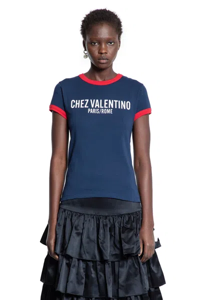 Valentino Crewneck Short Sleeves Contrast Trim Tops In Blue