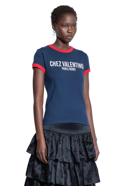 Valentino Crewneck Short Sleeves Contrast Trim Tops In Blue