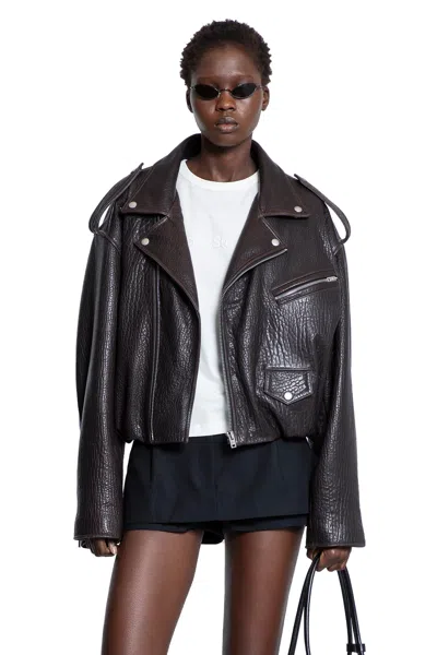 Acne Studios Leather Bomber Jacket With Epaulettes And Textured Finish In Black