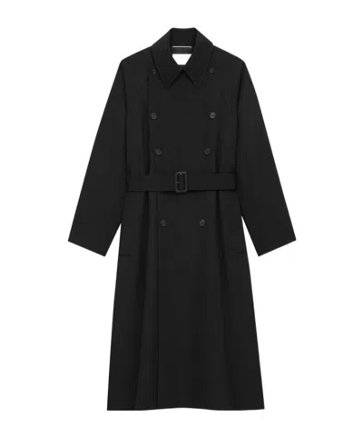Saint Laurent Double-breasted Long Coat In Grain De Poudre In Black