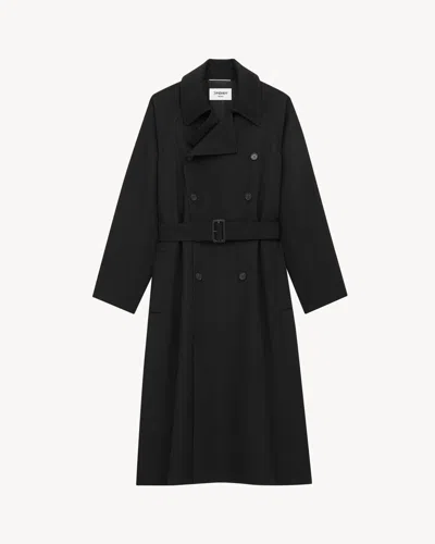 Saint Laurent Double-breasted Long Coat In Grain De Poudre In Black