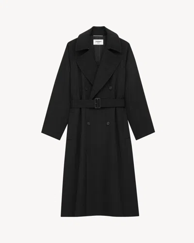 Saint Laurent Double-breasted Long Coat In Grain De Poudre In Black