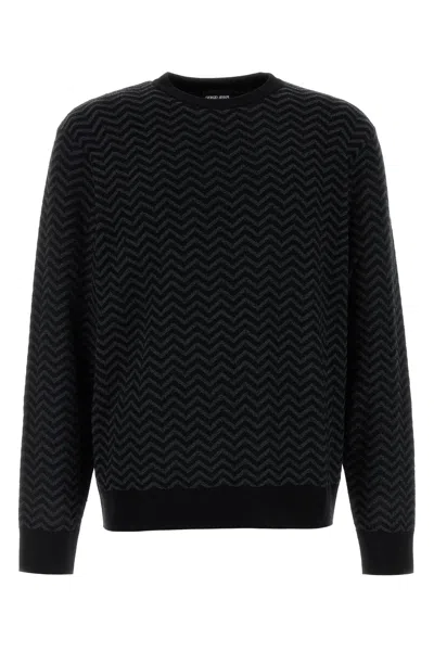 Giorgio Armani Embroidered Stretch Wool Blend Sweater In Black