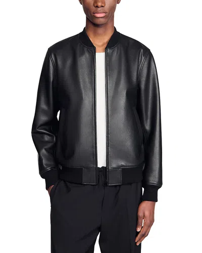 Sandro Leather Bomber Jacket In Black