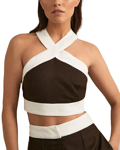 Reiss Womens Chocolate Cream Rebecca Halter-neck Colour-block Cropped Linen Top In Brown