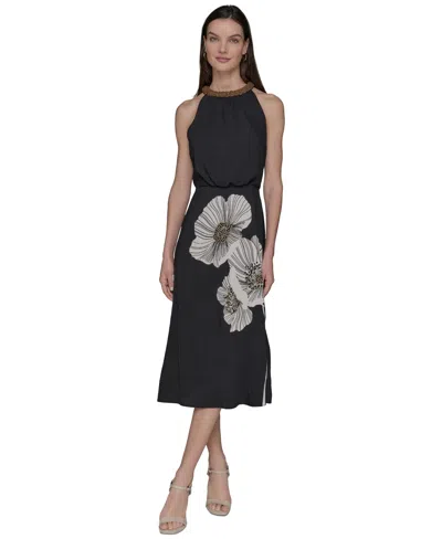 Karl Lagerfeld Beaded Neck Floral Graphic Dress 2p 16 In Black