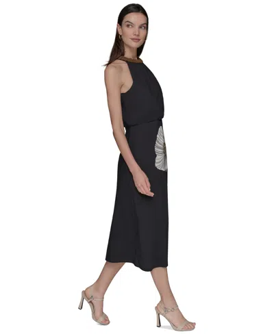 Karl Lagerfeld Beaded Neck Floral Graphic Dress 2p 16 In Black