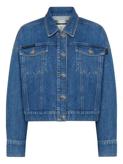 Philipp Plein Denim Cropped Jacket Crystal Fringes In Blue